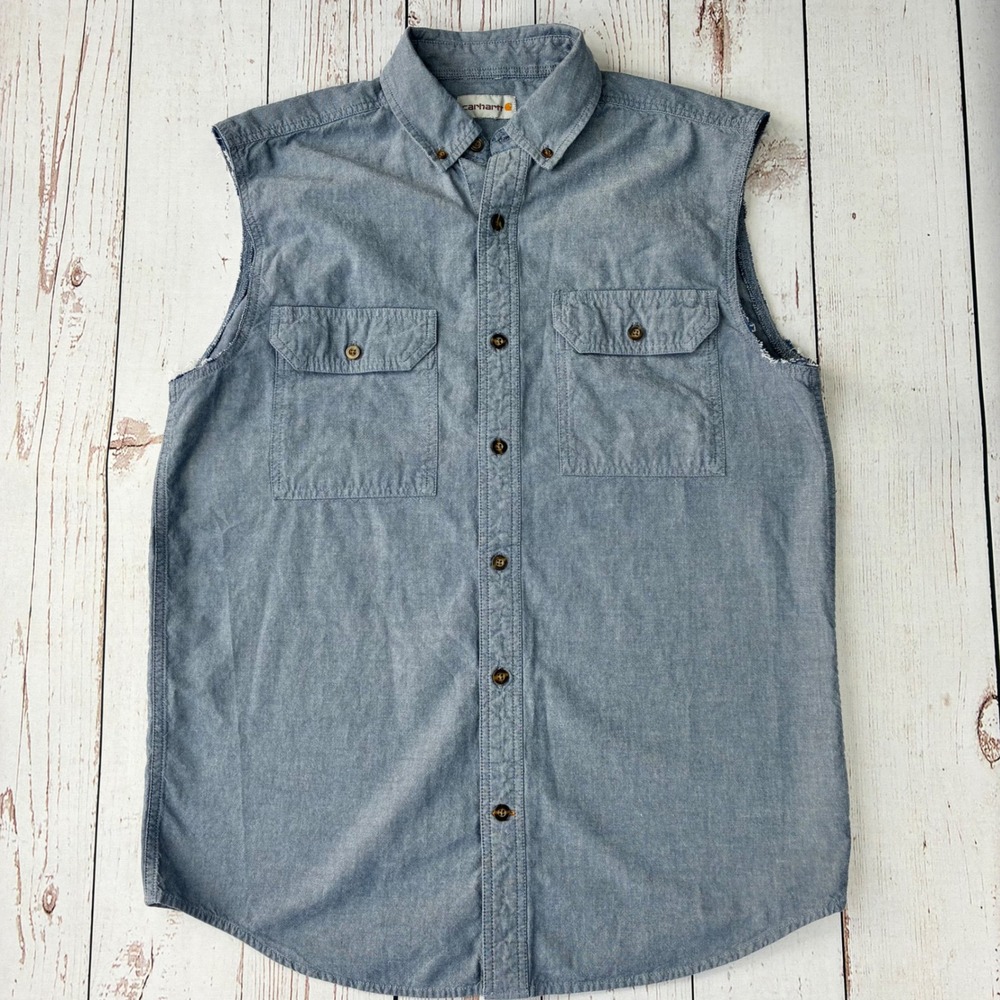 Carhartt Mens Blue Chambray Sleeveless Button Down Shirt 100139 Size M Regular